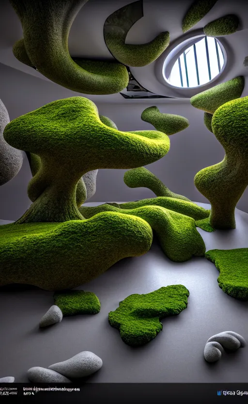 Image similar to highly detailed ultra sharp 3 d render villa interior cinematic composition of a smooth ceramic porcelain biomorphic magnolia stone nebula fluid fractal sci - fi surreal architecture landscape, granite, metallic, magnesium, marble, moss and lichen, vincent callebaut composition, mamou - mani, archviz, beautiful lighting, 8 k, unreal engine, hdr,