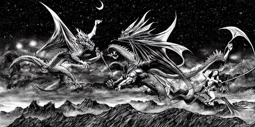 Image similar to archer fighting a dragon under the night sky in front of the mountains. dark fantasy style. epic fight. digital art. black and white. by kentaro miura