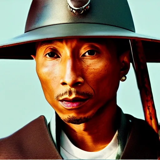 Image similar to cinematic film still Pharrell Williams starring as a Samurai holding fire, Japanese CGI, VFX, 2003, 40mm lens, shallow depth of field,film photography