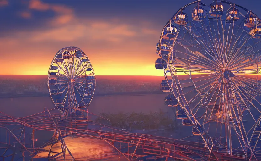 Image similar to one ferris wheel at sunrise, concept art, hyperrealistic, octane render, unreal engine 5, path traced, highly detailed, high quality, 8 k, dramatic lighting, cinematic, high coherence, symmetrical, high contrast, 1 9 8 0 s style, lens flare, godrays