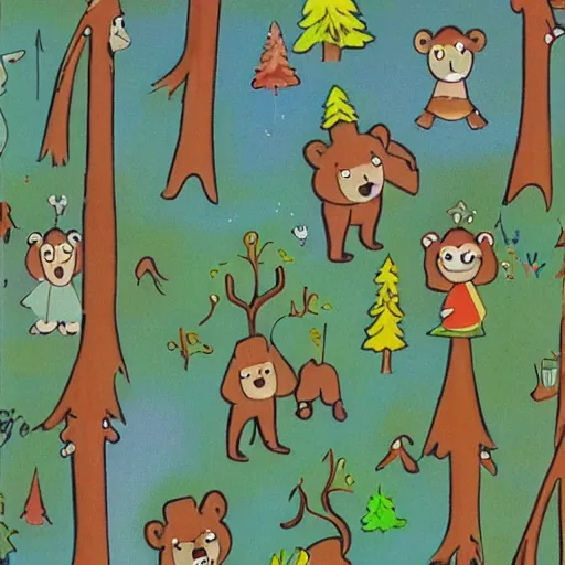 Prompt: magical forest, bear, trees, honey, 1 9 4 0 s cartoon, merry melodies, sharp focus