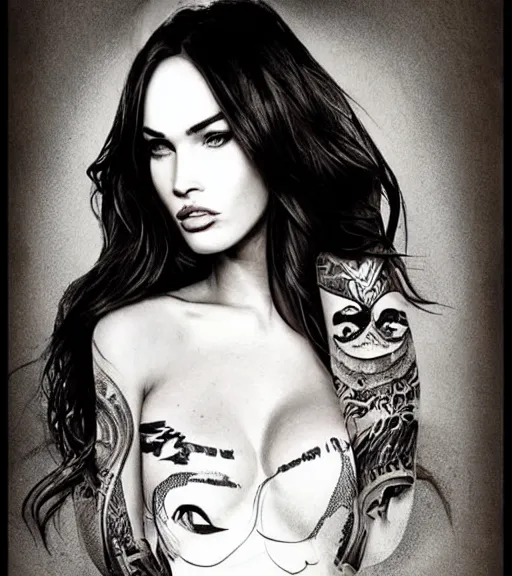 Image similar to megan fox face double exposure with beautiful mountains, tattoo sketch, hyper - realistic, in the style of matteo pasqualin, amazing detail, sharp, black and white