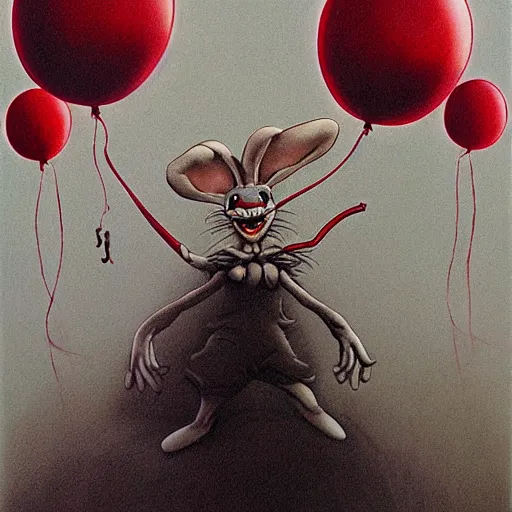 Image similar to painting of bugs bunny with a wide smile and a red balloon by Zdzisław Beksiński, loony toons style, pennywise style, corpse bride style, creepy lighting, horror theme, detailed, elegant, intricate, conceptual,