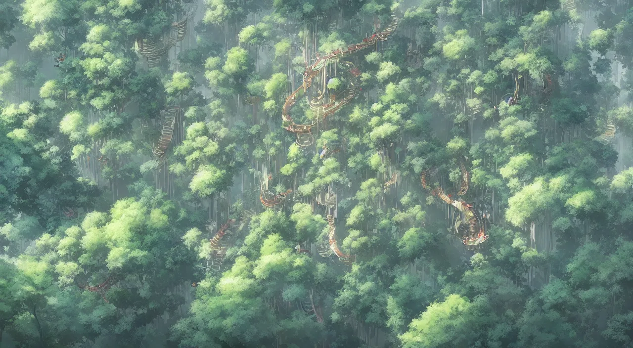 Image similar to aerial view of treetop canopy, by studio ghibli and greg rutkowski,