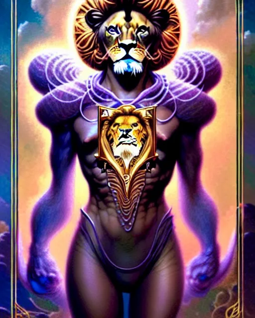 Image similar to a person and a lion tarot card, fantasy character portrait made of fractals, ultra realistic, wide angle, intricate details, the fifth element artifacts, highly detailed by peter mohrbacher, hajime sorayama, wayne barlowe, boris vallejo, aaron horkey, gaston bussiere, craig mullins