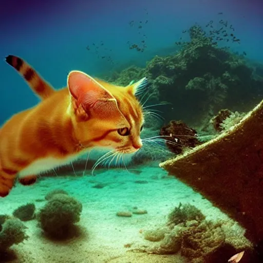 Image similar to Dreamt in `4.87s` for `!dream a cat scuba diving in a huge lake, National Geographic, beautiful masterpiece