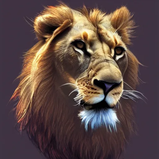 Prompt: clear portrait of a anorexic lion, hideous appearance, nature background, malnourished, cottagecore!!, background hyper detailed, character concept, full body, dynamic pose, intricate, elegant, highly detailed, digital painting, artstation, concept art, smooth, sharp focus, illustration, art by artgerm and greg rutkowski and alphonse mucha