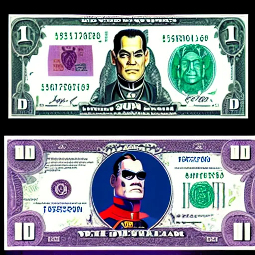 Image similar to Raul Julia's M. Bison, bison dollar notes