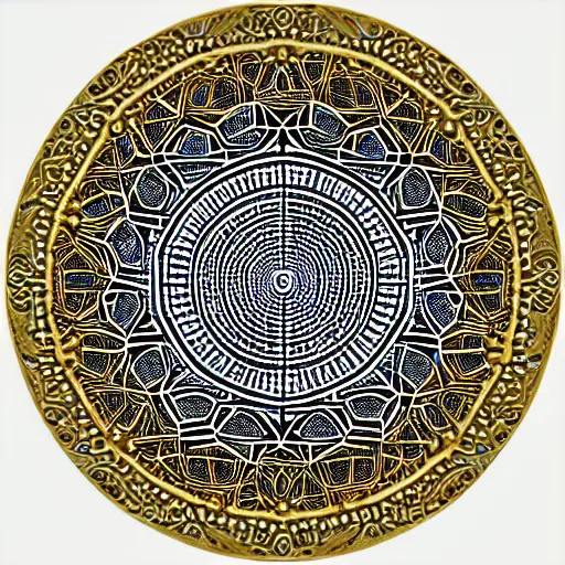 Prompt: three dimensional multilayered patterns inside a circle, intricate detail, complex, gold, silver, obsidian, white