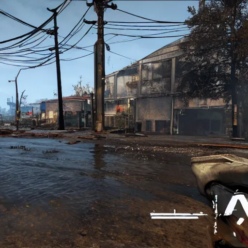 Prompt: atlanta flooded and in ruins post - nuclear war in fallout 4, in game screenshot