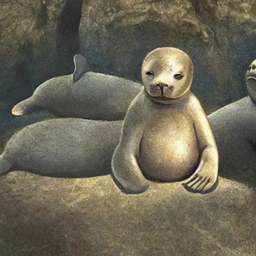 Prompt: a baby seal god being worshipped by prehistoric humans, prehistoric cave art