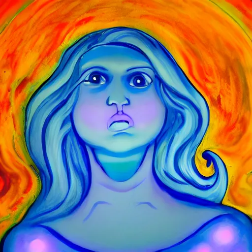 Prompt: a giant beautiful glowing blue woman floating in the night sky