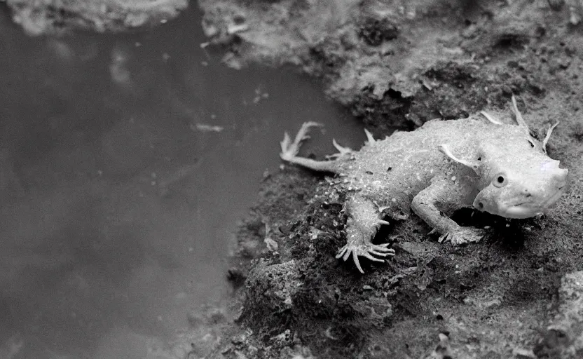 Prompt: a misteriuos old film photography of divine axolotl arising froma a xochimilco river, sunset lighting, intricate detail, hazy, humid, photorealistic,