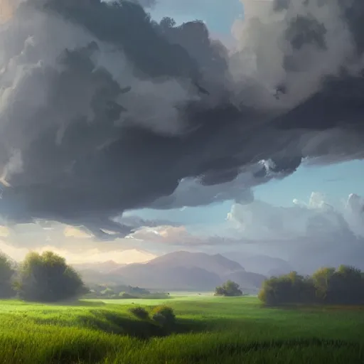 Prompt: Storm brooding over the plains, matte painting by Sylvain Sarrailh. Bright volumetric sunlight