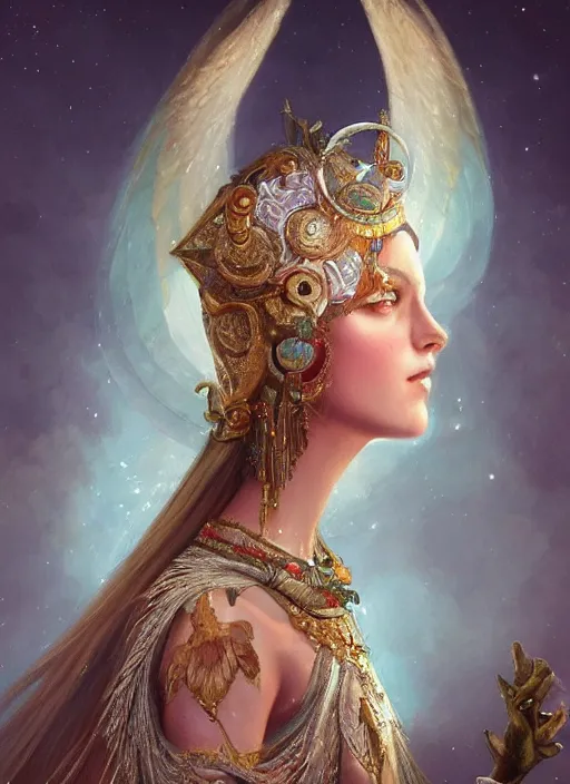 Image similar to A beautiful digital painting of a female Seraphim full of jewels, princess, the moon behind her, intricate, cinematic lighting, highly detailed, digital painting, Artstation, concept art, smooth, sharp focus, illustration, art by Tom Bagshaw, Artgerm and Greg Rutkowski