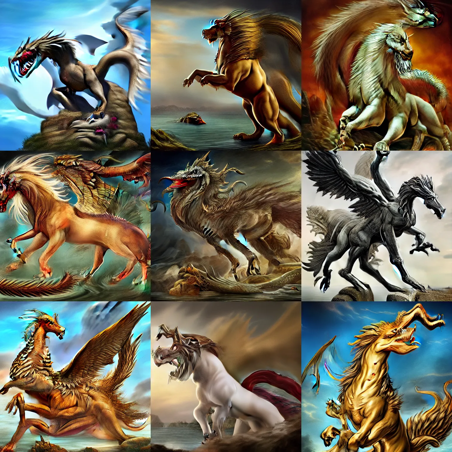 Image similar to a mythical creature, griffin, Hippocampi, Leucrocuta, Harpies, Lusca, Formorians, Gorgons, Cerberus, Catoblepas, Basilisk, Ammut, Adlet, Charybdis, Manticore, Merlion, Minotaur, Orthus, Perytons, Scylla, Serpopard, Typhon, 2d solid shape logo, clean and neat, two color tones, black and white only, no colors, vector art, less detailing, silhouette