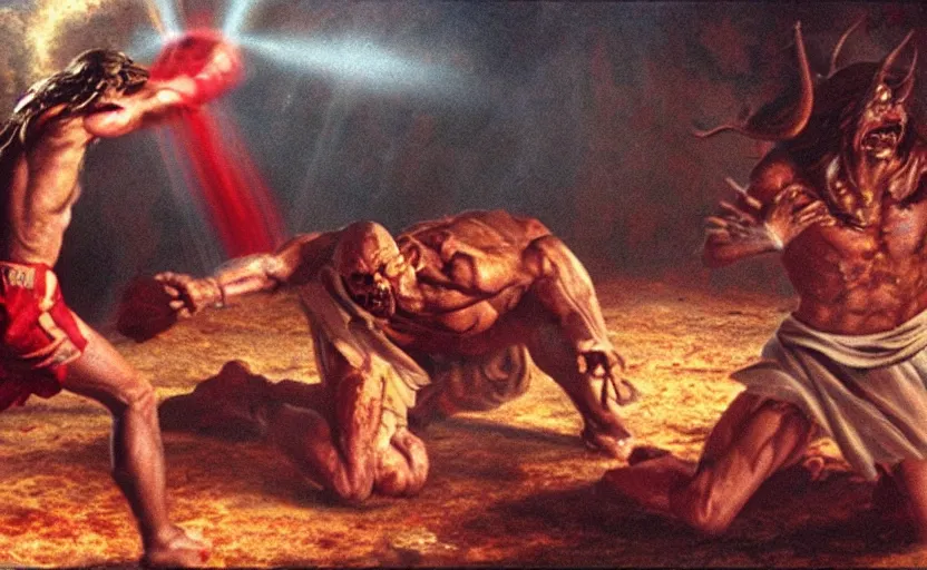 Prompt: hyperrealistic photo of Jesus Christ punching red-skinned Satan devil demon in the face on the floor of the Roman Coliseum, 8k cinematic, epic fight scene, directed by Michael Bay, Doom Eternal, interpretation of Hell on Earth