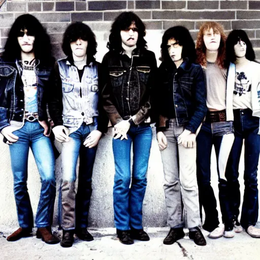 Image similar to group of 1 9 - year - old boys and girls with shaggy wavy hair, wearing double denim, proto - metal band promo, heavy rock band promo photo, early heavy metal, 1 9 7 5 photo