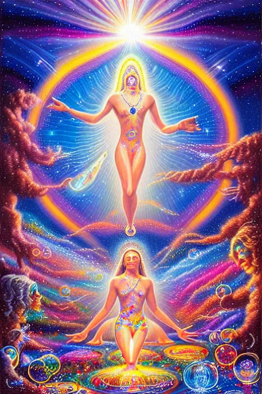 Prompt: a realistic detailed cinematic painting of a beautiful clear glass vibrant consciousness of human evolution, strange miraculous entity reflecting light prism, spiritual enlightenment, manifestation, peace, opal statues adorned in jewels, by david a. hardy, kinkade, lisa frank, wpa, public works mural, socialist