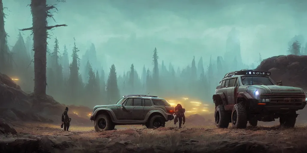 Image similar to a beautiful concept offroad suv, an epic fantasy, dramatic lighting, cinematic, establishing shot, extremely high detail, photorealistic, cinematic lighting, artstation, by simon stalenhag, horizon forbidden west