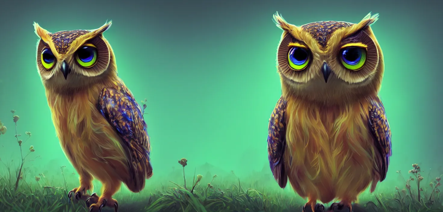 Prompt: owl colourful murky with strange cute friendly owl with beauty eyes appearing in grass flowers, in the style of craola, shallow depth of field, highly detailed, digital painting, trending artstation, concept art, illustration, cinematic lighting, vibrant colors, photorealism, epic, octane render