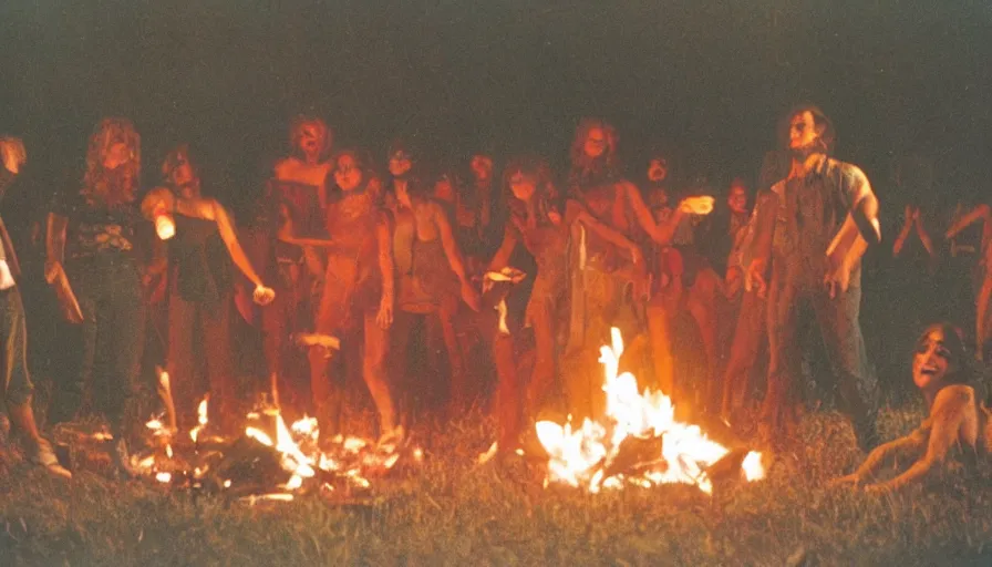 Prompt: 7 0 s film still from a horror movie about a dance party at a bonfire with human sacrifice, kodachrome, cinecolor, cinestill, film grain, film texture, retro, cinematic, high resolution, photorealism,