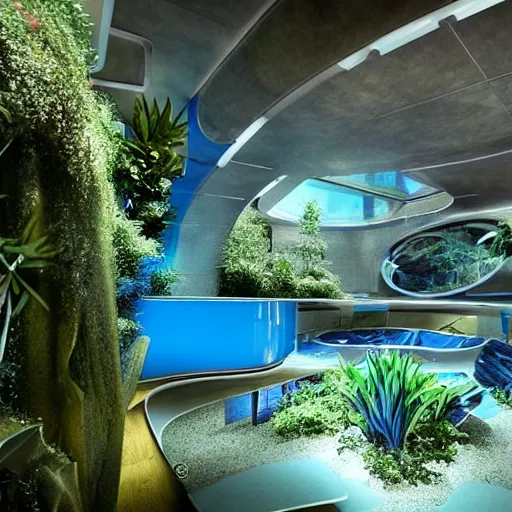Image similar to a large blue futuristic room, startrek style, filled with plants, vegetation, rocks and a swimming pool.