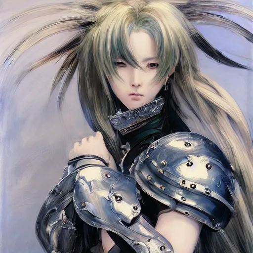 Prompt: Soft oil portrait with broad brush strokes of an anime girl with a long white hair wearing Elden Ring armour with engraving in the style of Yoji Shinkawa, expressive brush strokes, hairs fluttering on the wing, noisy film grain effect, highly detailed, Renaissance oil painting, weird portrait angle, blurred lost edges, three quarter view