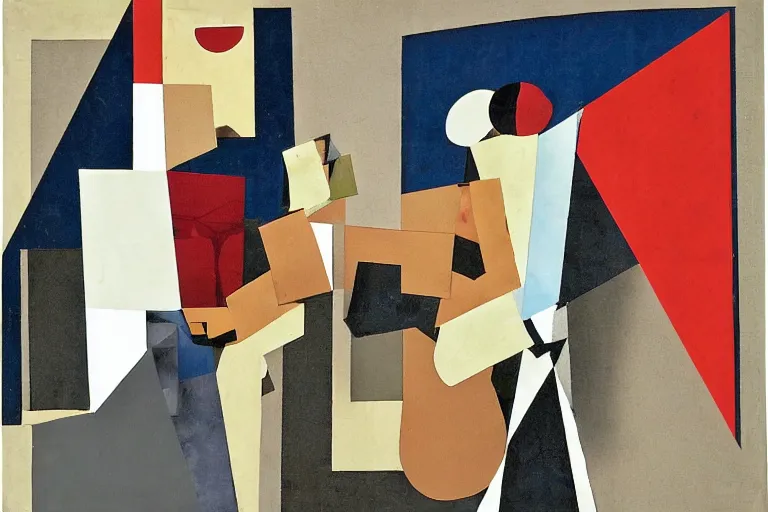 Image similar to Two figures facing camera, they are fighting very angry, Chaotic, paper collage, style of Juan Gris, abstract