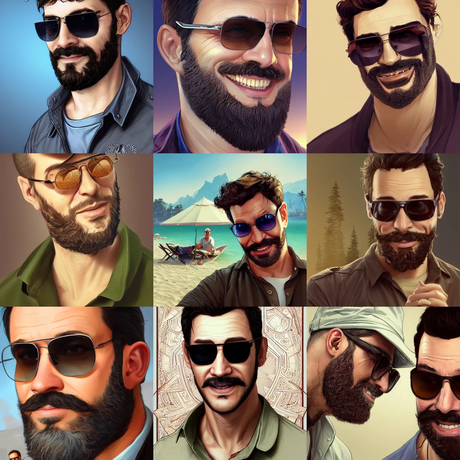 Prompt: handsome man smiling with a beard wearing sunglasses and a khaki shirt, Mark Edward Fischbach, intricate, highly detailed, digital painting, artstation, concept art, smooth, sharp focus, illustration, gta v cover art, Unreal Engine 5, 8K, art by artgerm and greg rutkowski and alphonse mucha