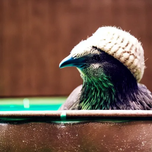 Prompt: a kiwi bird in a wooly hat sitting on a float in a pool, high quality