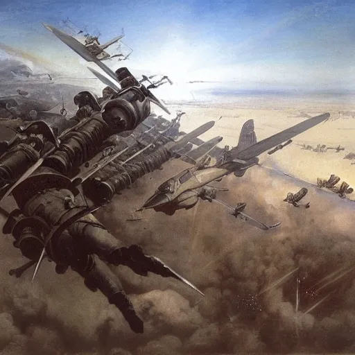 Image similar to flying machines at war, odd lighting matte oil painting by di fate and alan lee and goya