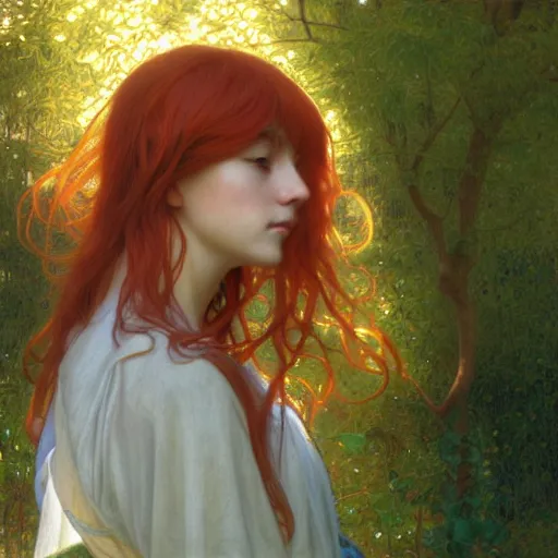 Image similar to A young woman with orange long hair and bangs in shorts and white shirt drawn by Donato Giancola and Makoto Shinkai, Edmund Leighton, Alphonse Mucha, background by James Jean and Gustav Klimt, 4k, porcelain skin, volumetric lighting, komorebi, french nouveau, trending on artstation, octane render, hyperrealistic