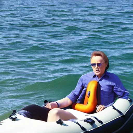 Image similar to christopher walken, rumham, inflatable boat in ocean