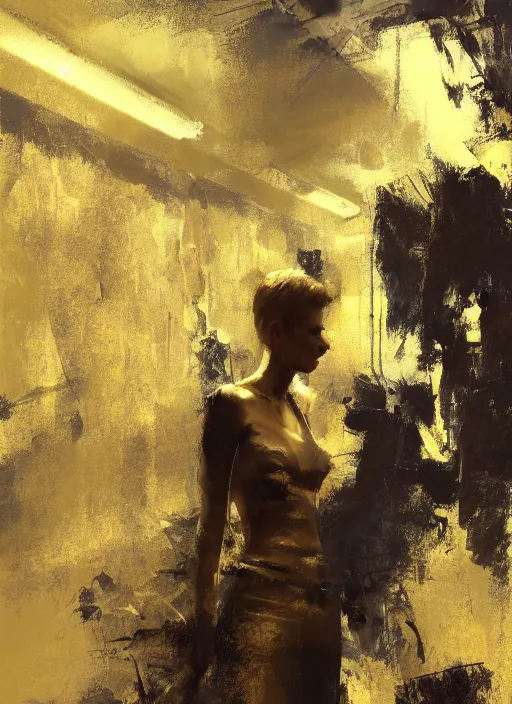 Image similar to a golden girl in a dark interior landscape, by craig mullins - w 7 0 0