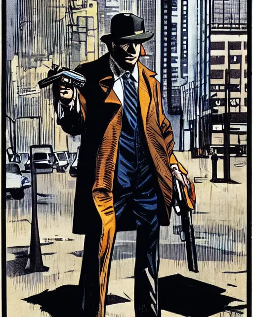 Image similar to detective with revolver, wearing trenchcoat, 1 9 7 0 s nyc, rainy, artwork by frank miller