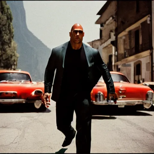 Prompt: photo of dwayne johnson as an italian mobster, cinestill, 8 0 0 t, 3 5 mm, full - hd