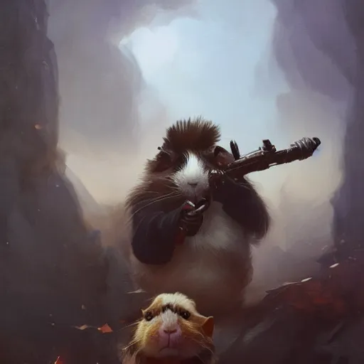 Prompt: Adorable Guinea Pig holding a frivolous weapon of war, illustrated by Greg Rutkowski and Gaston Bussiere, beautiful portrait image, serious lighting, dramatic amtosphere, war-art style, photorealistic imagery, trending on artstation, 4k, 8k