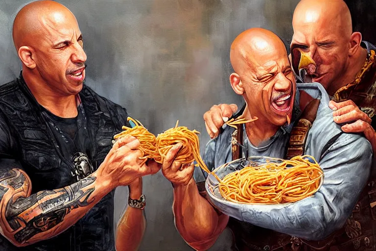 Prompt: portrait of vin diesel and danny trejo sharing spaghetti, an oil painting by ross tran and thomas kincade