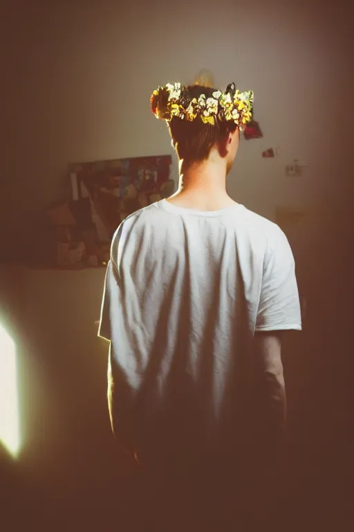 Image similar to kodak portra 4 0 0 photograph of a guy wearing a flower crown in a cluttered messy 9 0 s bedroom, back view, lens flare, moody lighting, moody vibe, telephoto, 9 0 s vibe, blurry background, grain, tranquil, calm, faded!,