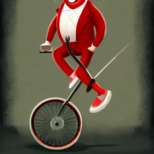 Image similar to funny clown riding a unicycle while juggling bowling pins, concept art, illustrated, highly detailed, high quality, bright colors, optimistic,