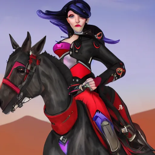 Image similar to widowmaker overwatch in the desert riding on a horse, black and red jacket, collar around neck, very detailed face, feminine face, full body