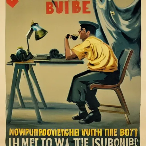 Image similar to a man sleeping at a computer is stung by a bumblebee, ww 2 allied propaganda poster, no text, highly detailed