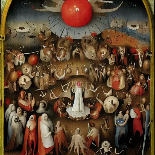 Image similar to disco party of demons and angels in hieronymus bosch style, hyper detailed, hyper realistic, dark humour