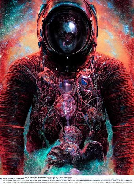 Image similar to astronauts in the dark infinite underwater void - complex and hyperdetailed technical suit, fabric material. reflection and dispersion materials. rays and dispersion of light. volumetric light. wide angle, f / 3 2. noise film photo. flash photography. ultra realistic, wide angle. poster by wayne barlowe, hajime sorayama aaron horkey, craig mullins