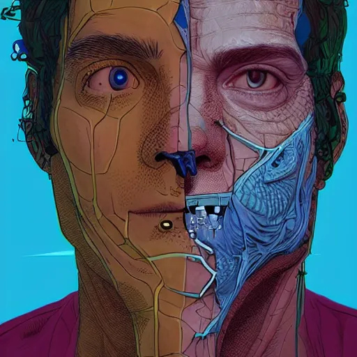 Prompt: portrait artwork of man tearing the skin from his face to reveal lizard skin. Artwork by Josan Gonzalez, realistic cinematic lighting, ultra detailed, hyper realism