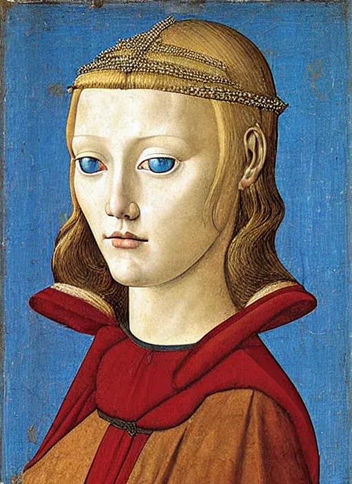 Prompt: portrait of young woman in medieval dress and medieval headdress, blue eyes and blond hair, style by the piero della francesca