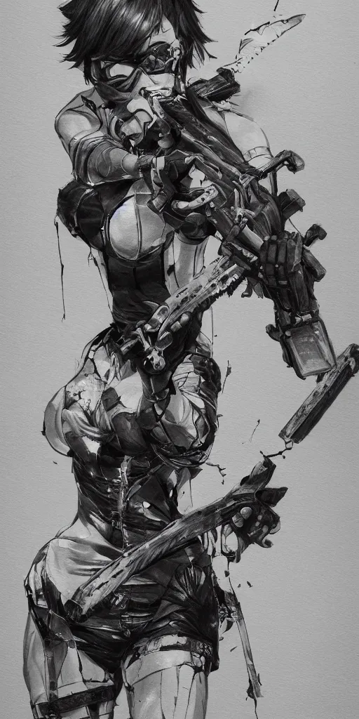 Prompt: a beautiful drawing of an attractive blindfolded woman wielding a chainsaw, highly detailed, by yoji shinkawa, featured on artstation, body shot