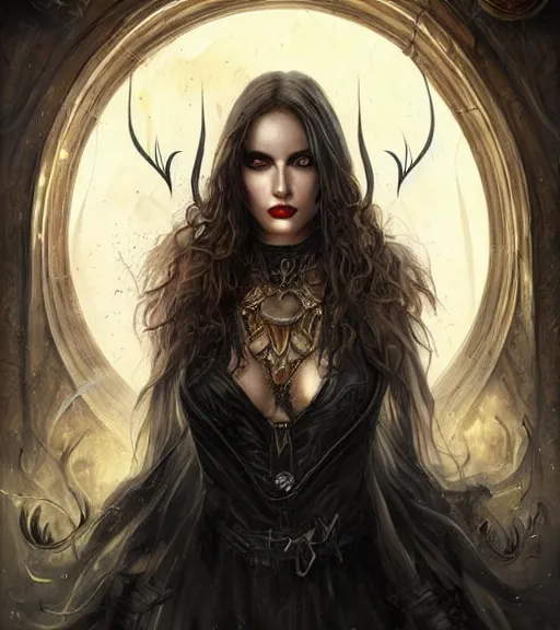 Image similar to a higly detailed full body shot and face portrait painting of a grim female sorceress with piercing eyes beautiful eyes, dynamic lighting, ambient lighting, deviantart, art by artgerm and karol bak and mark brooks