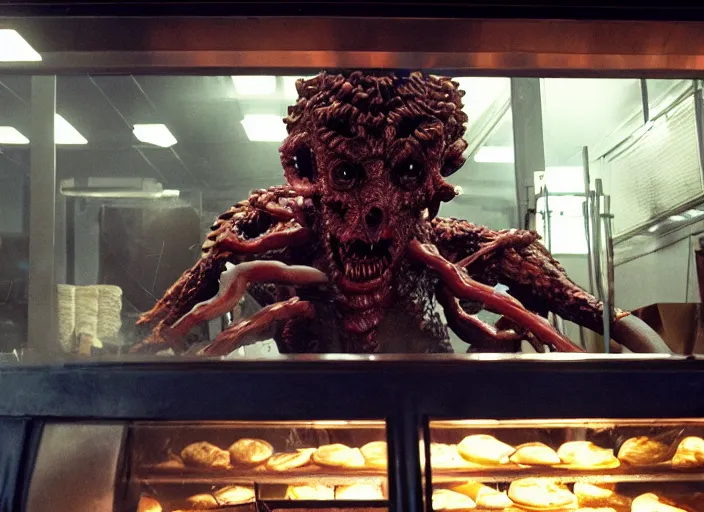 Image similar to film still of the demogorgon working in a bakery in the new stranger things movie, 4 k, highly detailed face, detailed eyes